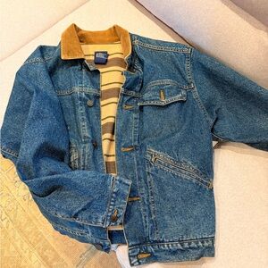 Vintage Gap Denim Barn Style Jacket with Tan Corduroy Collar and Striped Lining